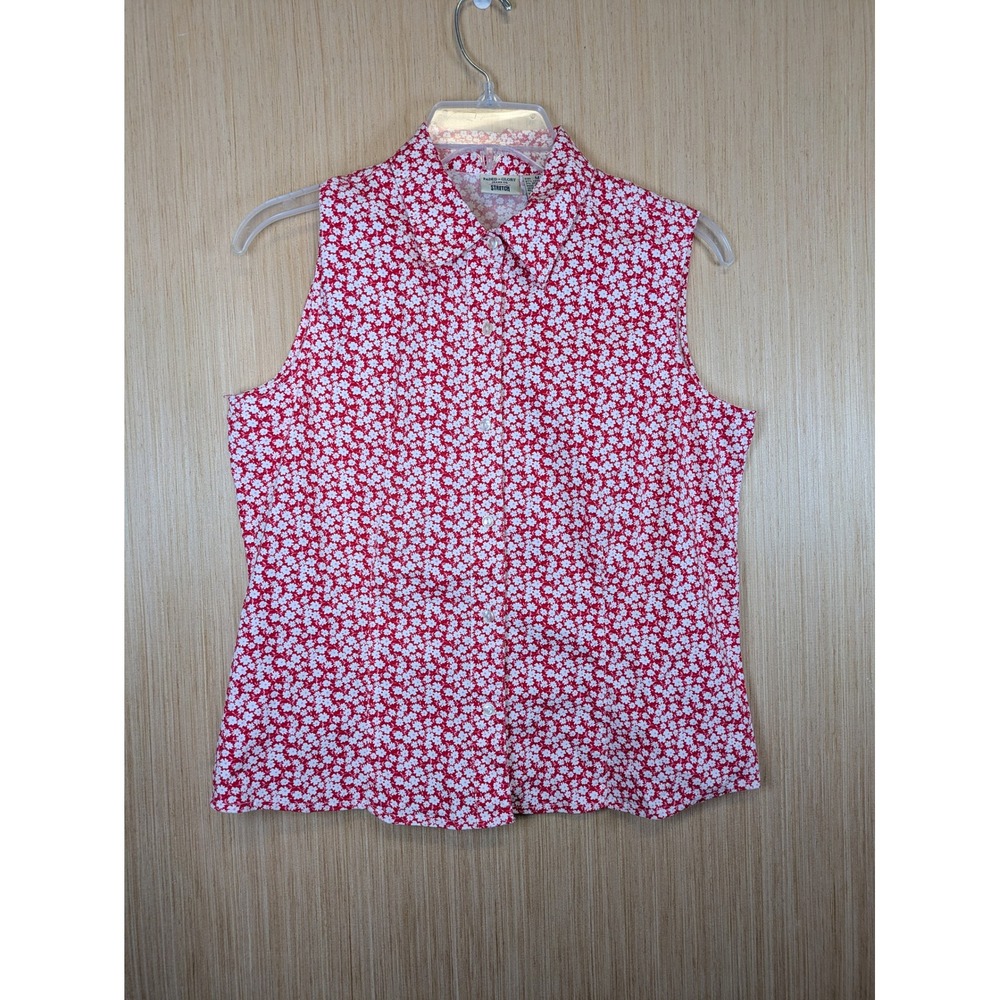 Faded Glory Womens Red White Ditsy Floral Sleeveless Button Down Shirt Size M